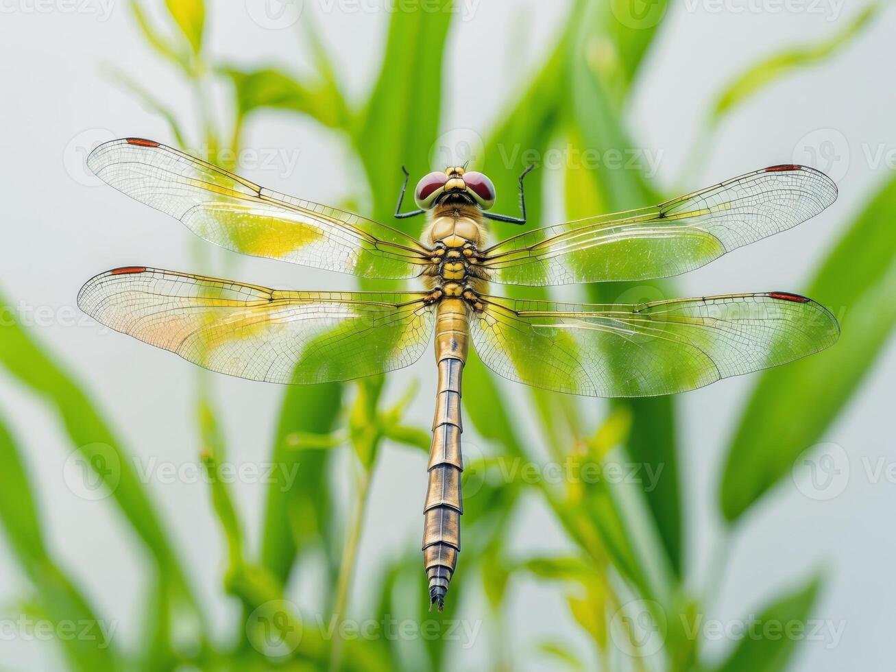 A dragonfly is perched on a plant photo