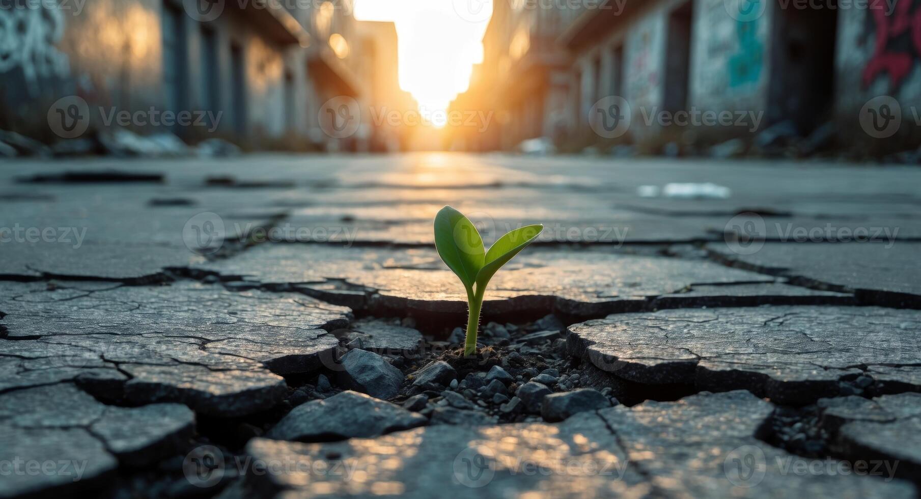 Sprout Emerging from Cracked Concrete, A Symbol of Hope and Resilience. photo