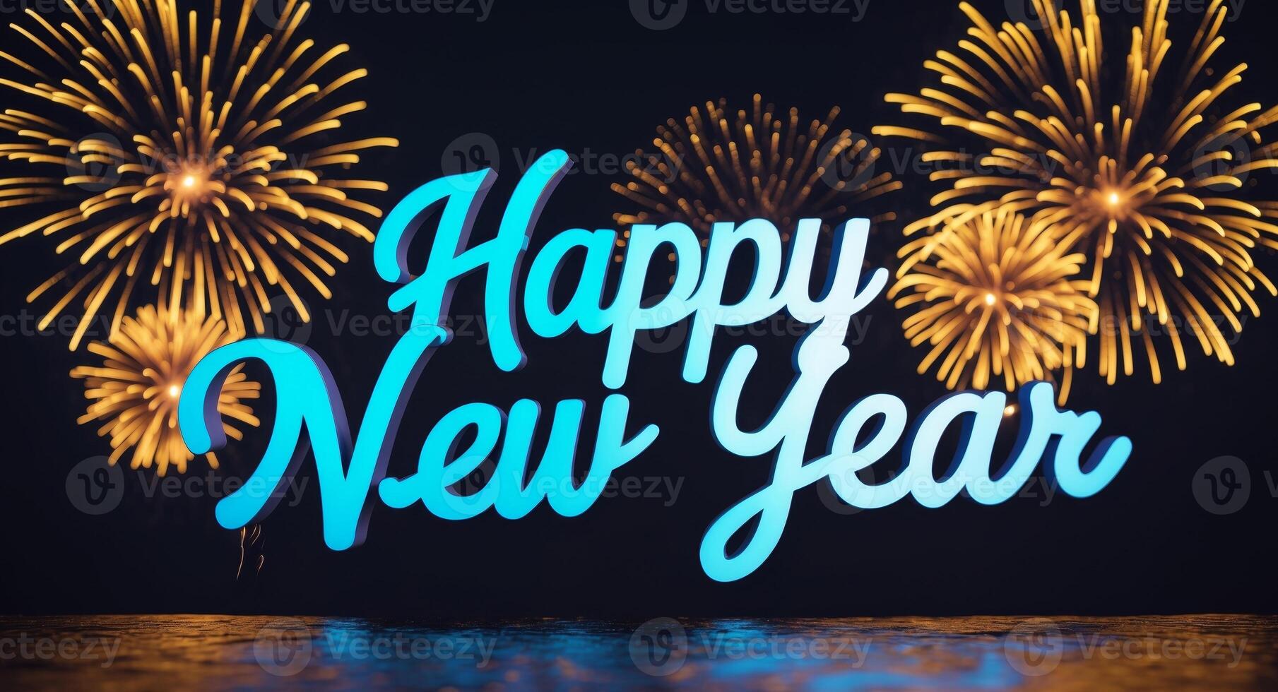 Festive New Years Eve Celebration with Fireworks and Happy New Year Sign. photo