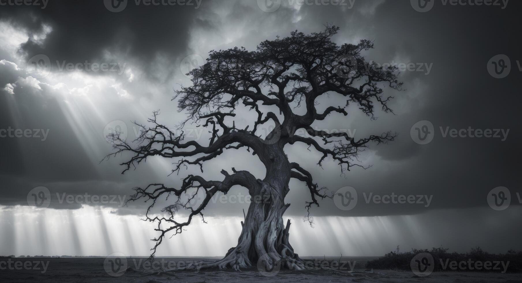 Lone Tree Silhouette Against Dramatic Sky With Sun Rays A Timeless Black and White Scene. photo