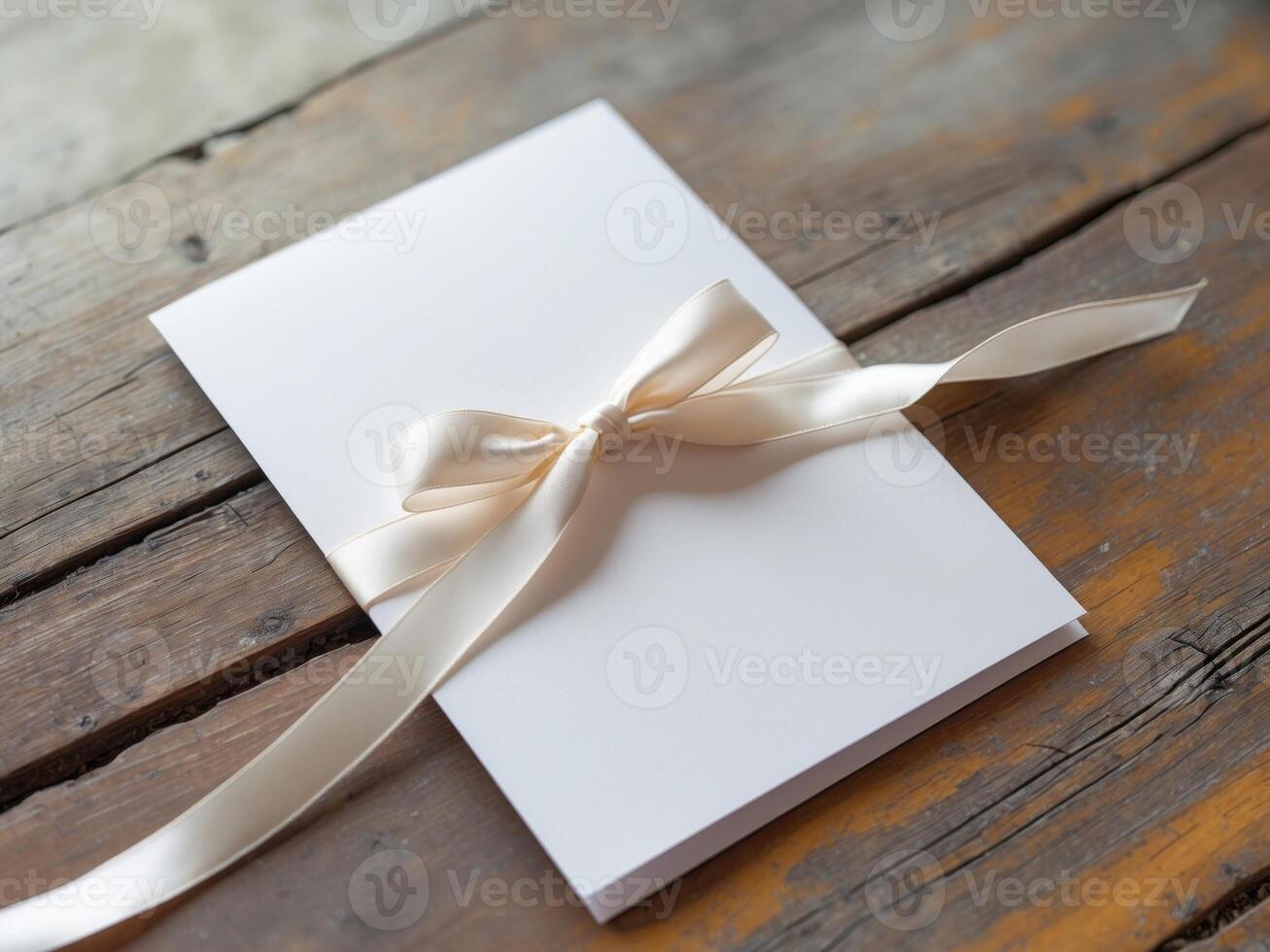 Invitation card with ribbon on rustic wooden table, elegant and minimalist design. photo