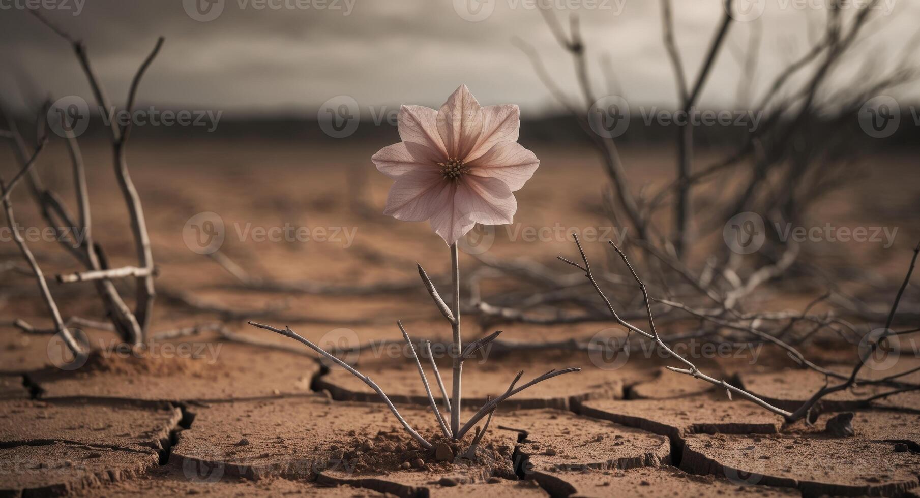 A single flower stands in the middle of a dry field photo