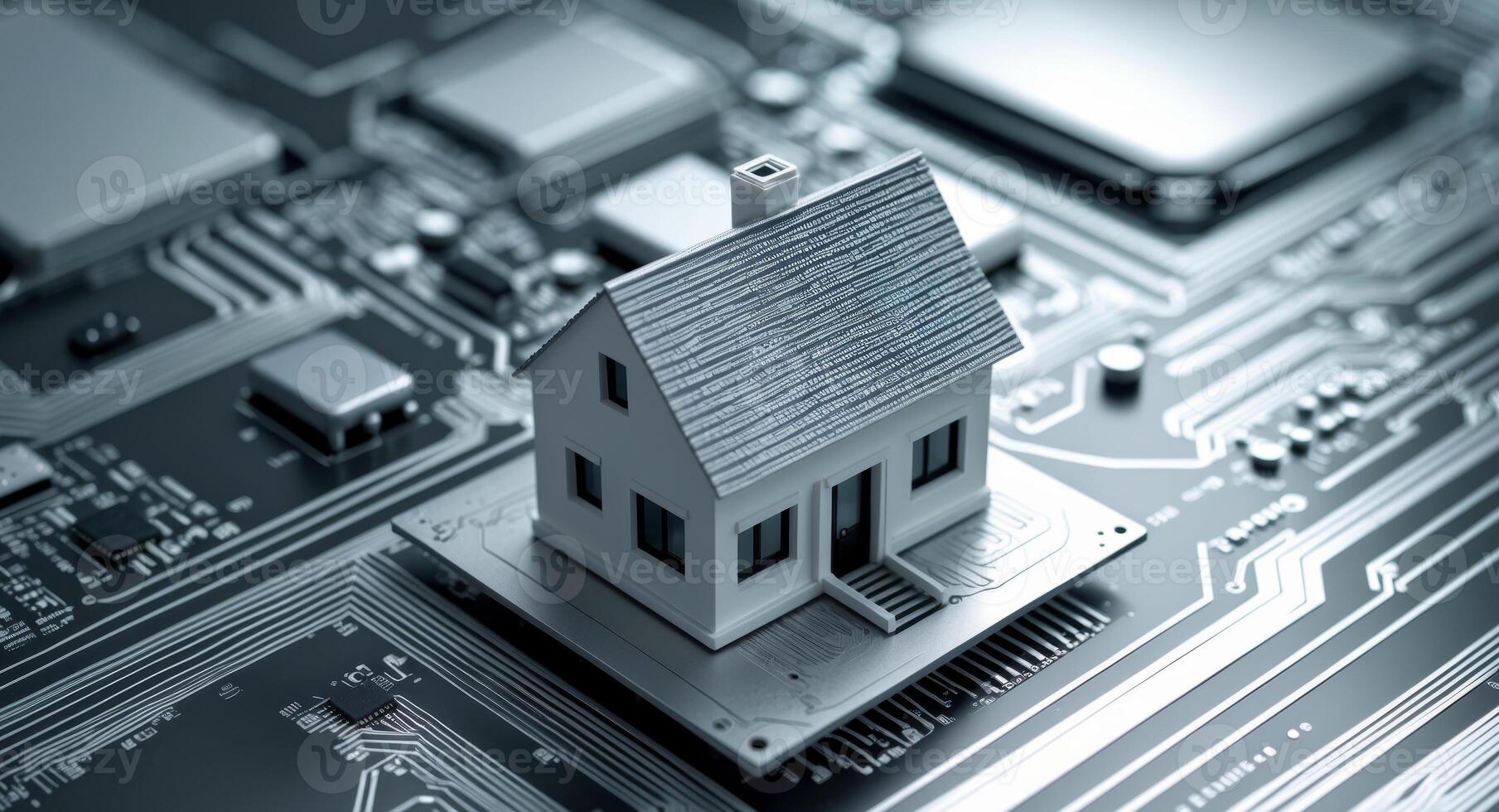 Smart Home Technology. A Miniature House Integrated on a Circuit Board Concept. photo
