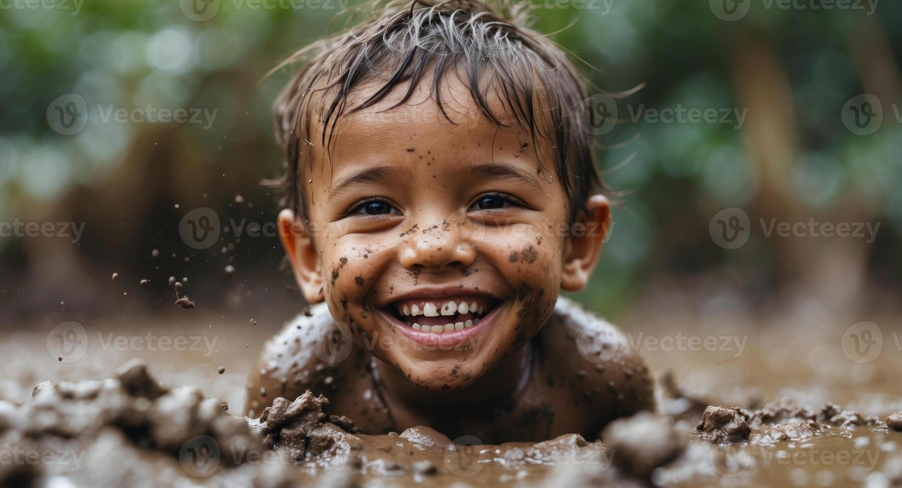 A young boy is smiling while playing in the mud photo