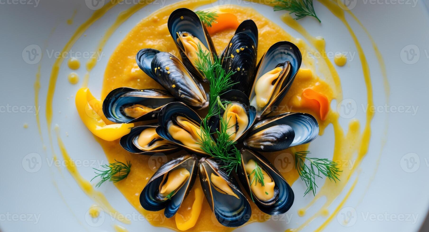 Fresh Mussels in Saffron Sauce with Dill and Peppers, a Delicious Seafood Dish photo
