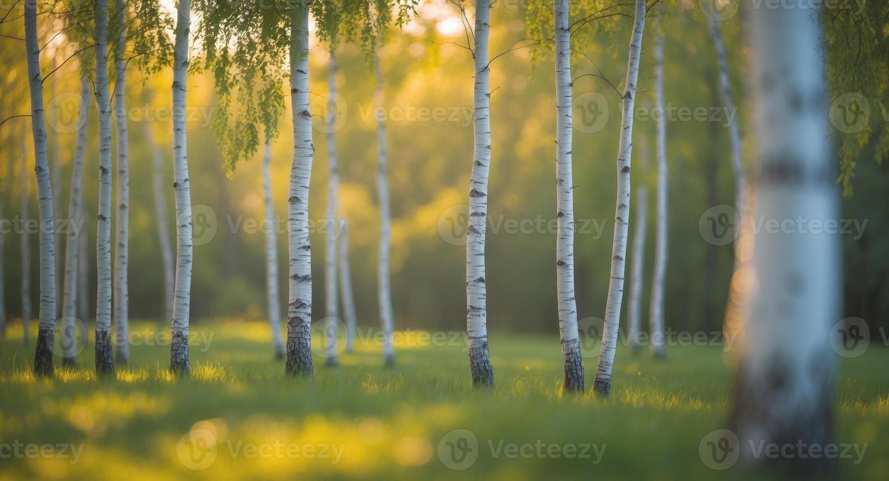 Serene Birch Grove in Golden Hour. A Tranquil Scene of Light and Shadow. photo