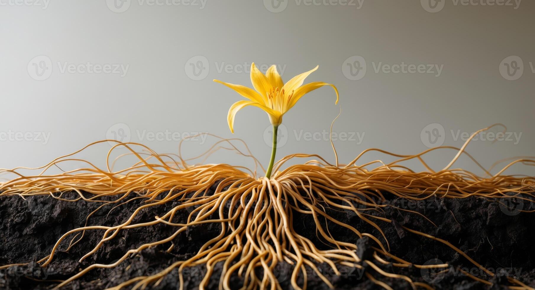 A yellow flower with roots growing out of the ground photo