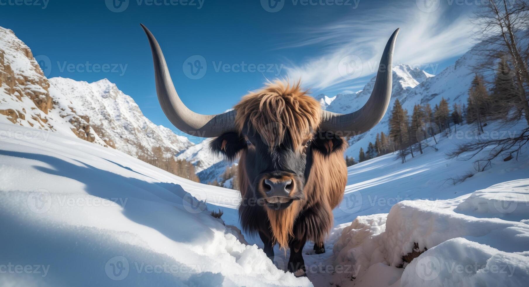 Majestic Highland Cow Poses in Snowy Alps, a Portrait of Strength and Serenity. photo