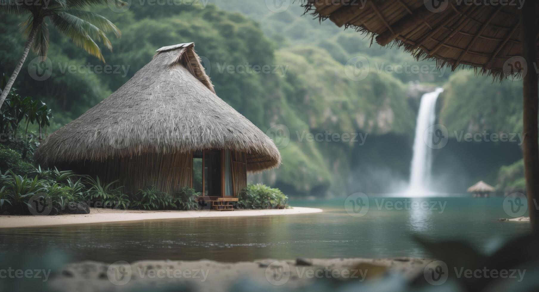 Tropical Retreat. A Thatched Hut Oasis by the Waterfall. Serene Relaxation. photo