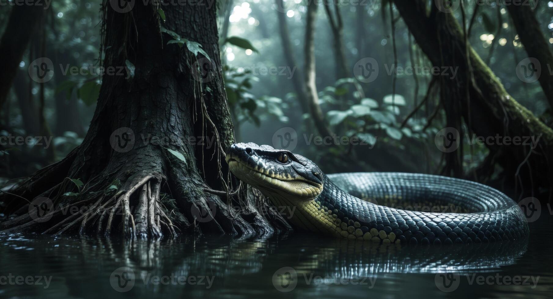 A snake is in the water in the jungle photo