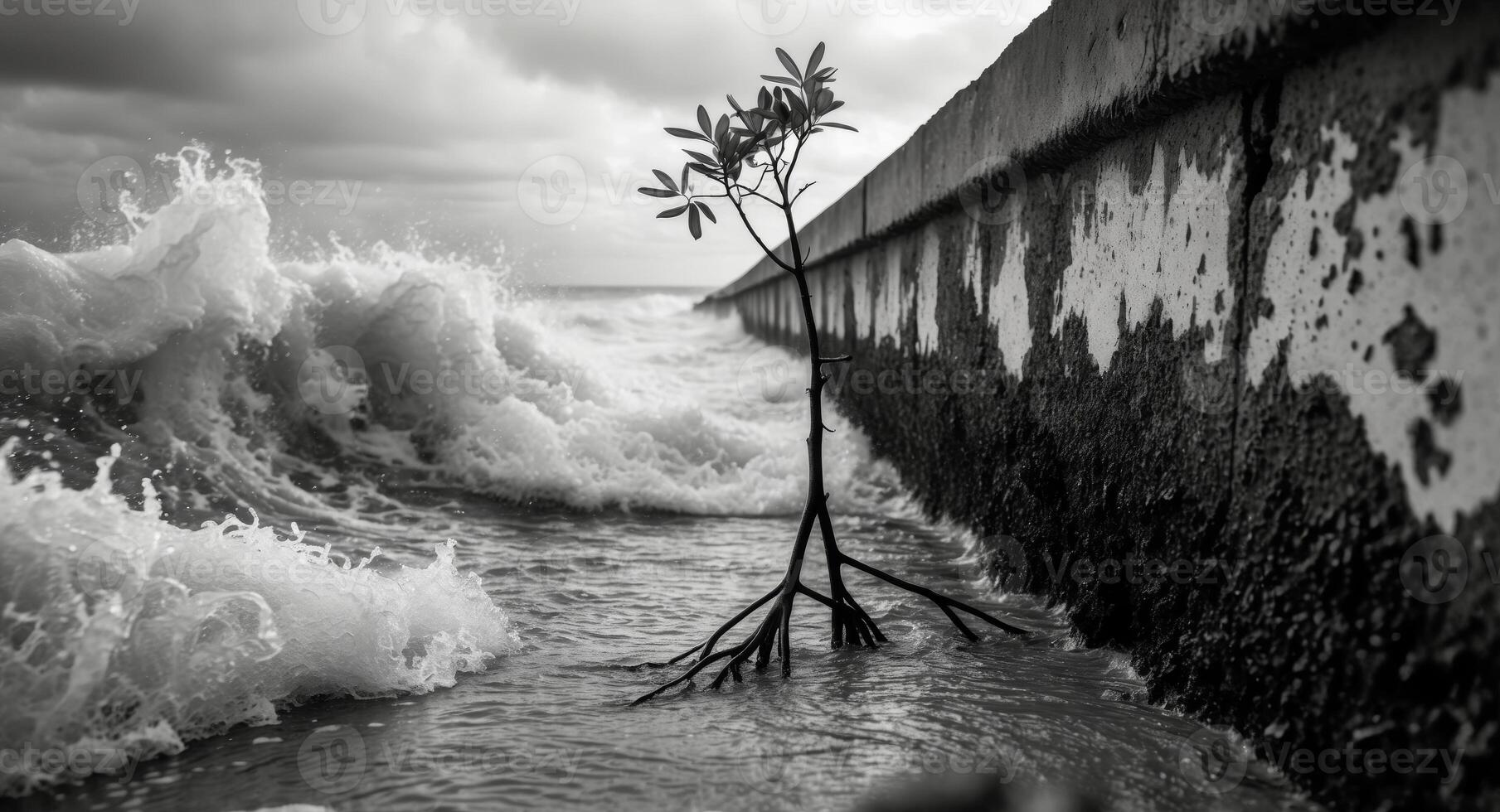 A tree growing out of the water in front of a wall photo