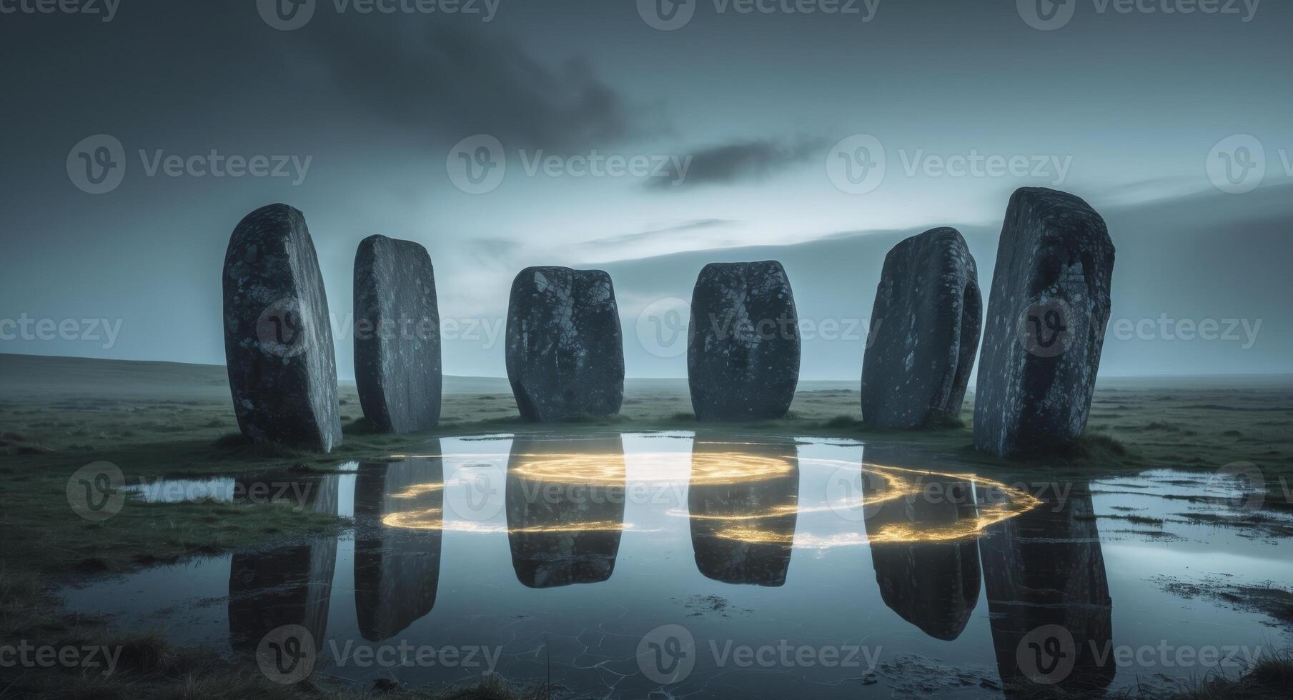 The stonehenge is reflected in a puddle photo