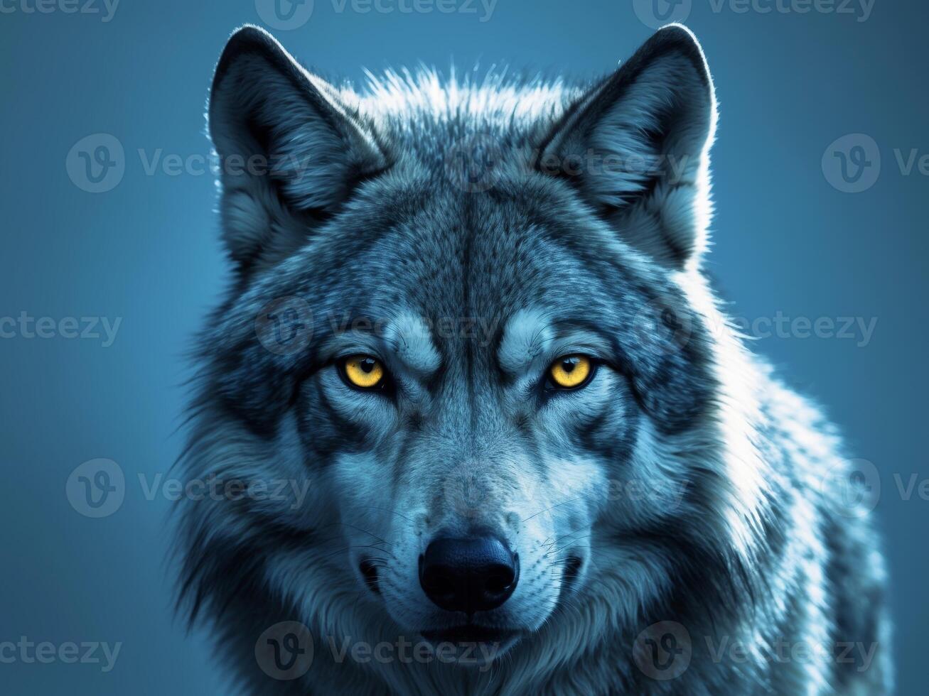 A wolf with yellow eyes on a blue background photo