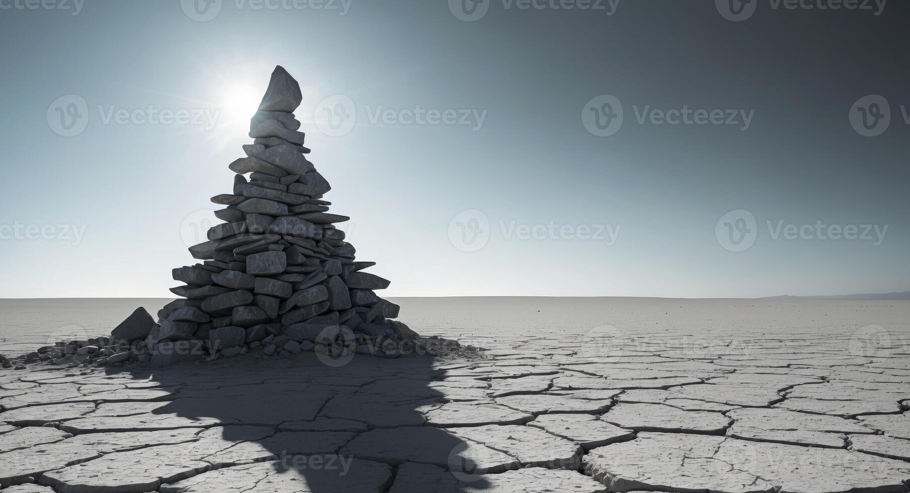 A pile of rocks in the desert with the sun shining photo