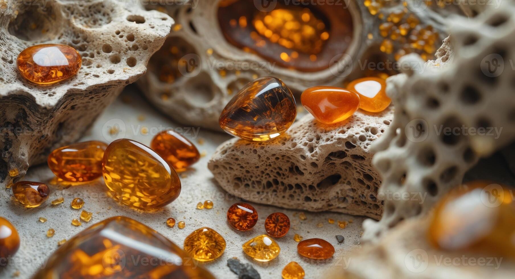 A close up of some amber pieces and other stones photo