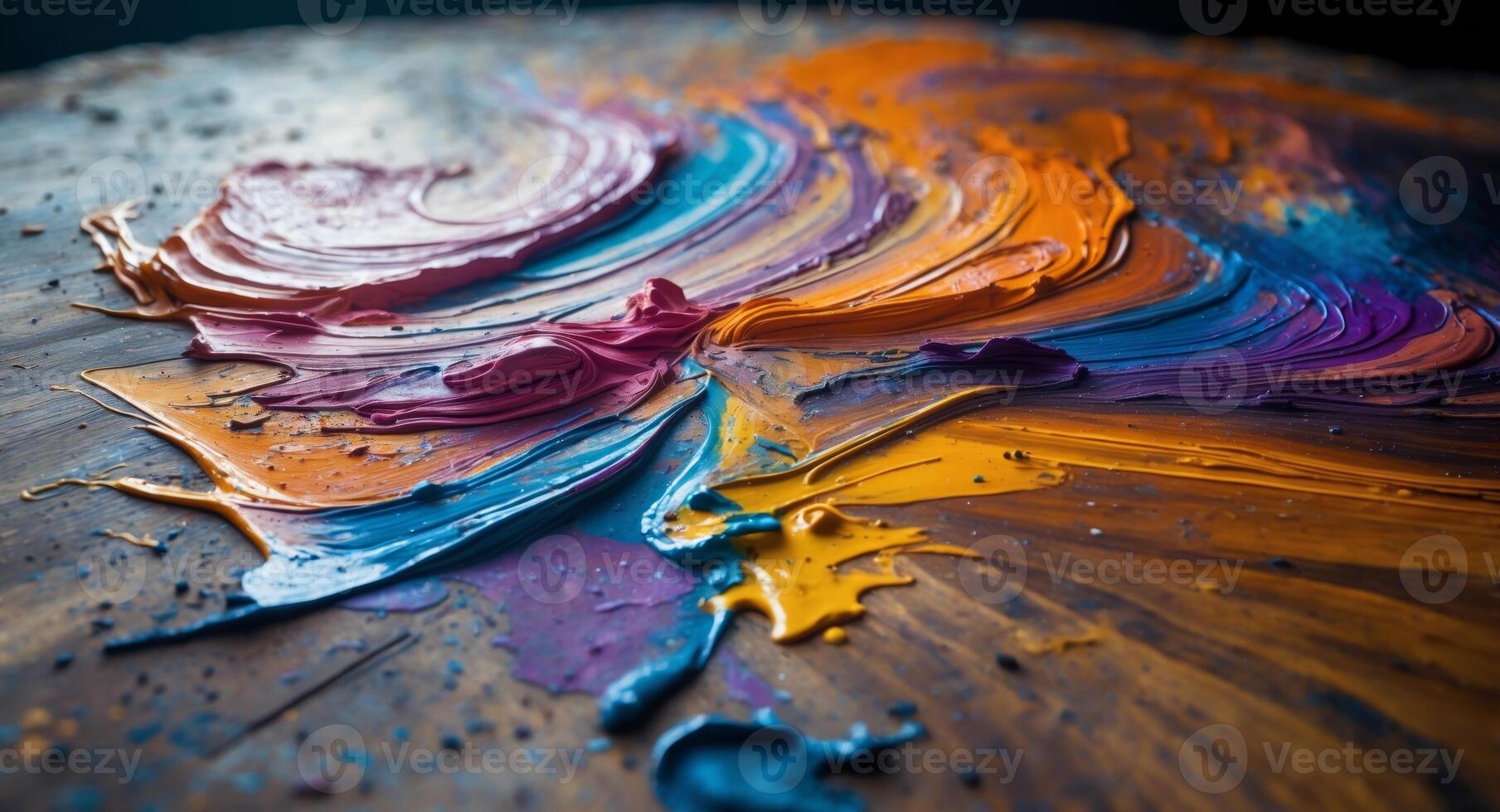A close up of a colorful paint splattered on a wooden surface photo
