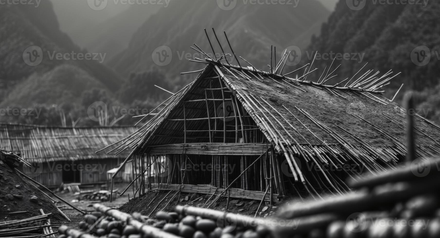 A black and white photo of a hut with bamboo poles