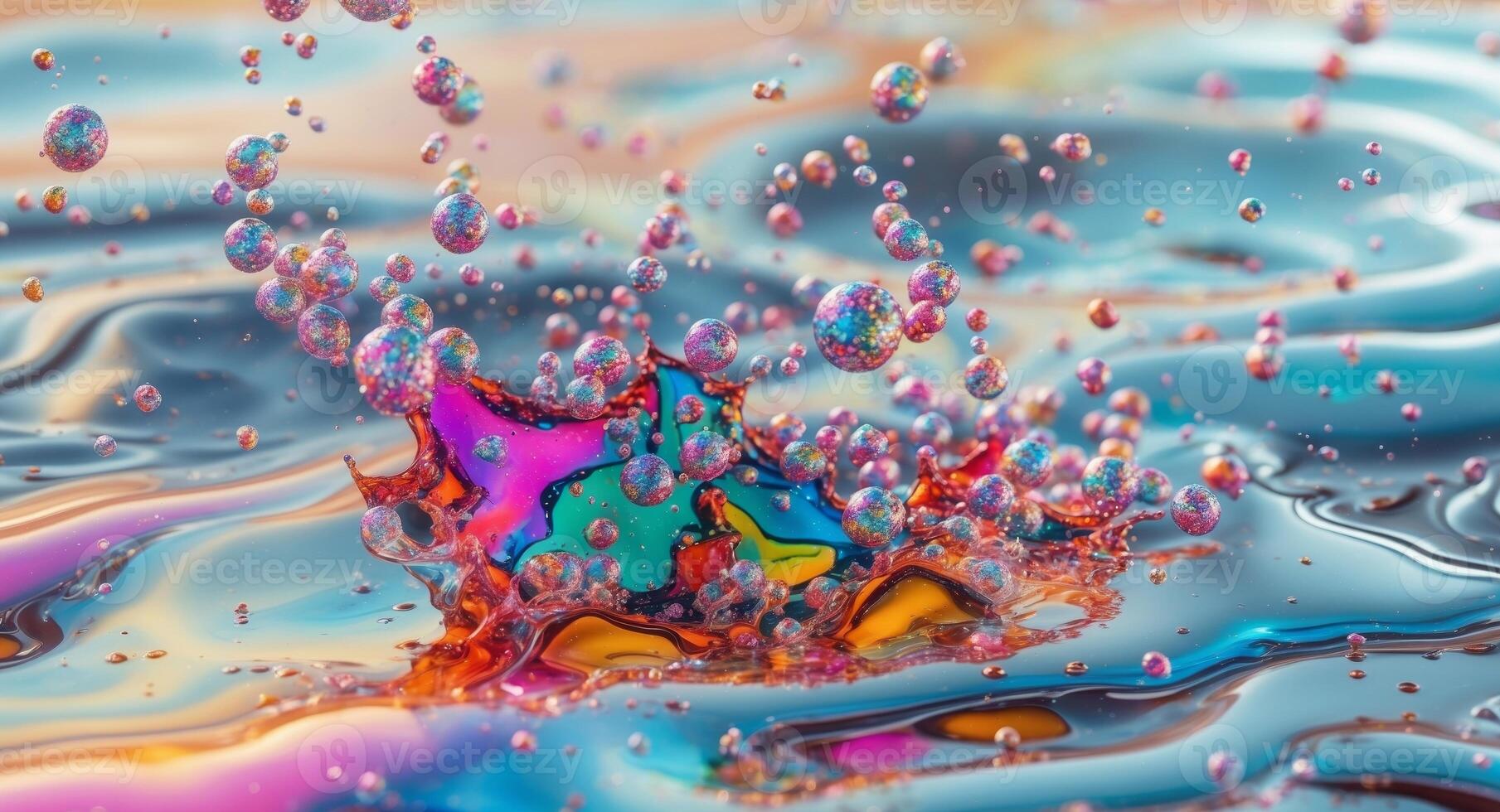 Colorful liquid splashes on a surface with bubbles photo