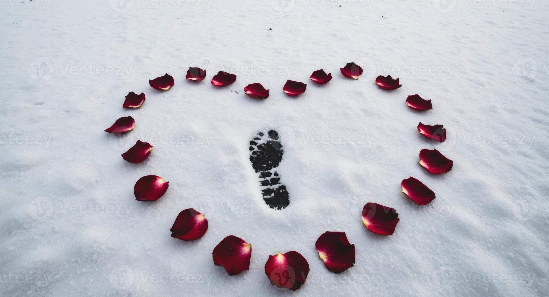 A heart shaped footprint in the snow with red roses photo