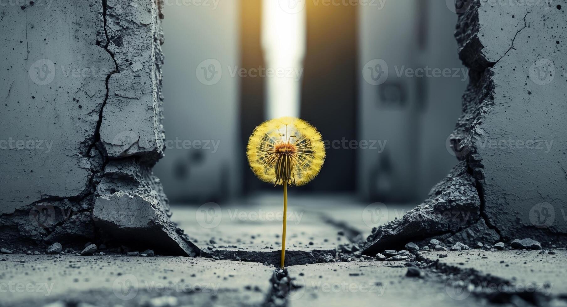 A dandelion is standing in the middle of a concrete wall photo