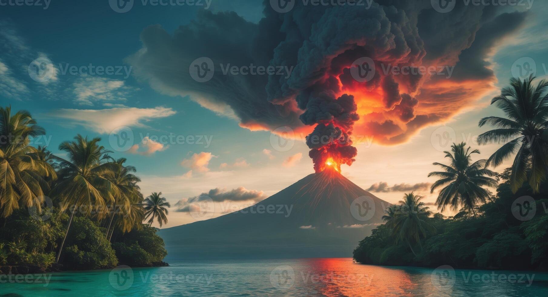 Volcano erupting from the ocean with palm trees in the background photo