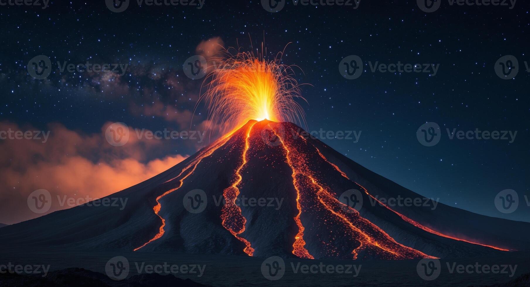 A volcano erupting with lava and smoke photo