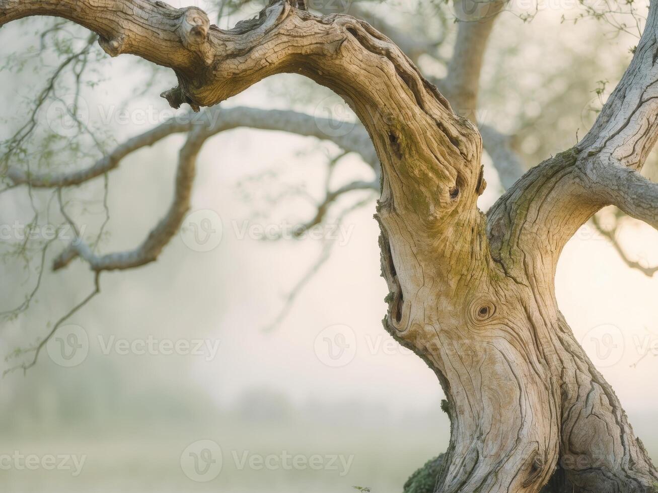 Ancient Tree Standing Tall in Morning Mist, A Symbol of Resilience and Longevity. photo