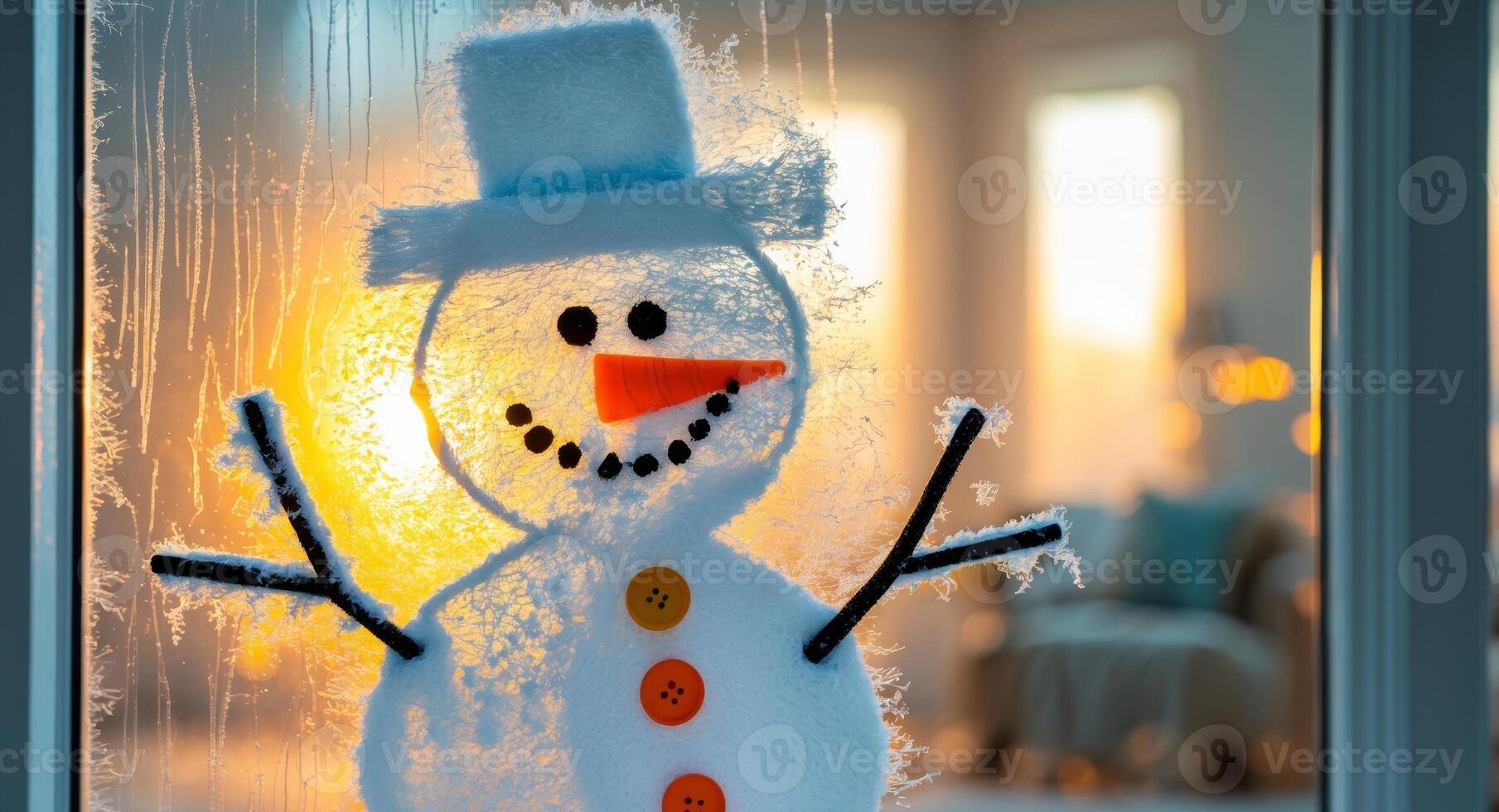 Frosty Window Friend. A Cheerful Snowman Welcoming Winter from Inside. photo
