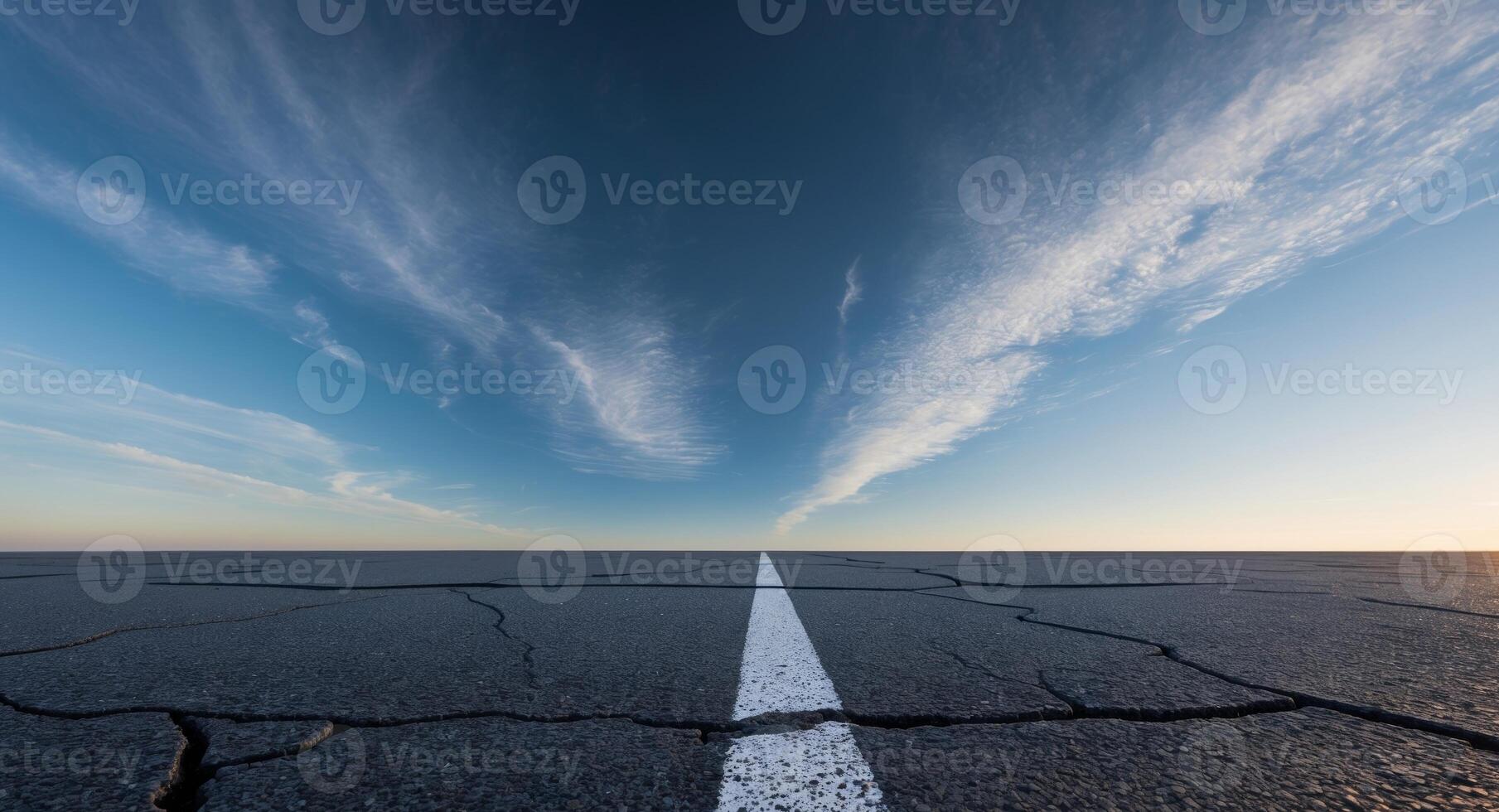 Cracked Road to the Horizon. A Journey Underneath a Stunning Sky with Cirrus Clouds. photo