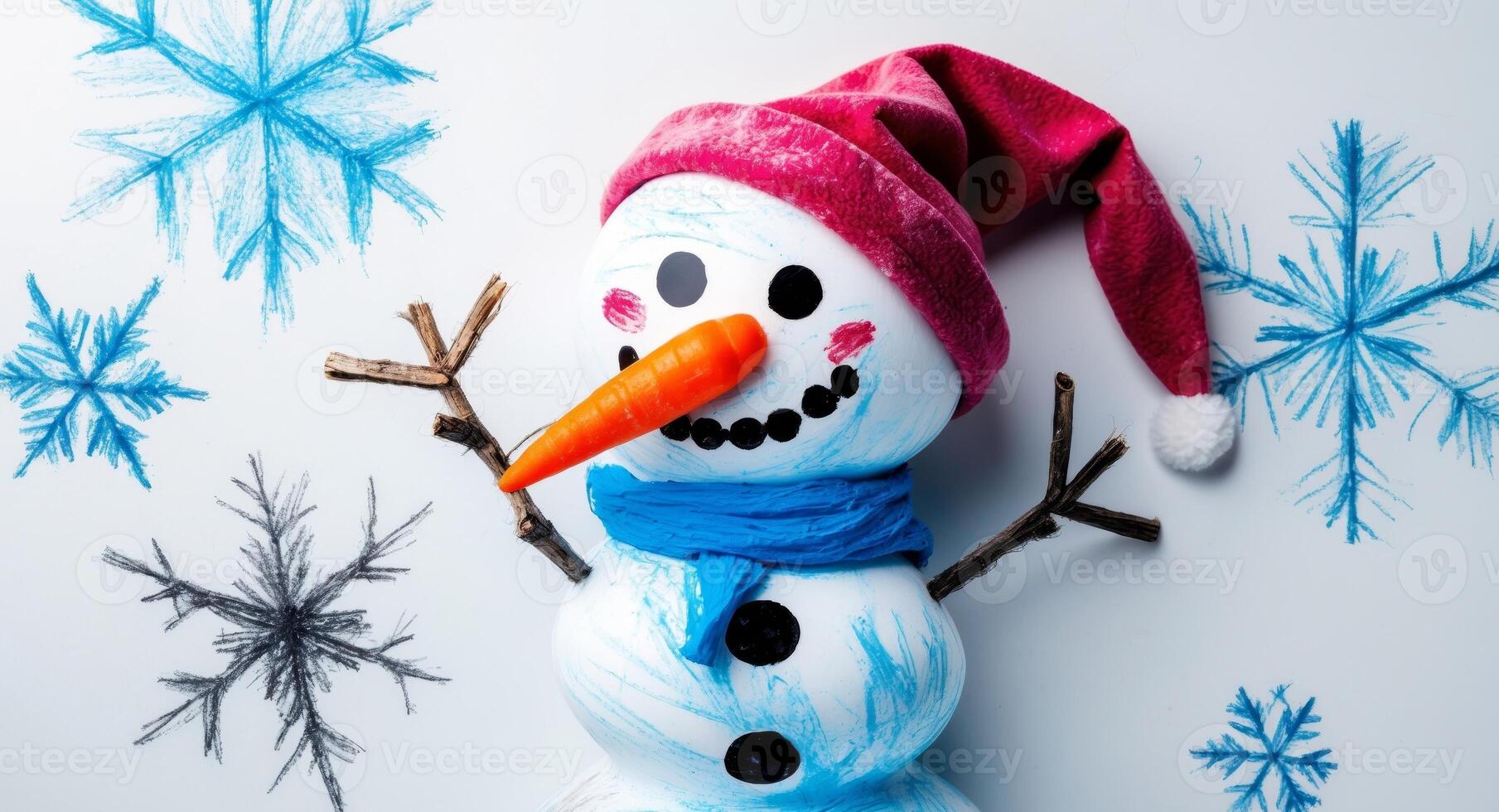 Winter Wonderland. Handcrafted Snowman with Festive Hat and Drawn Snowflakes. photo