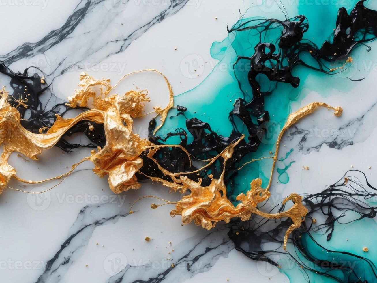 Abstract Luxury Art. Golden, Black, and Teal Ink Flowing on Marble Texture Background. photo