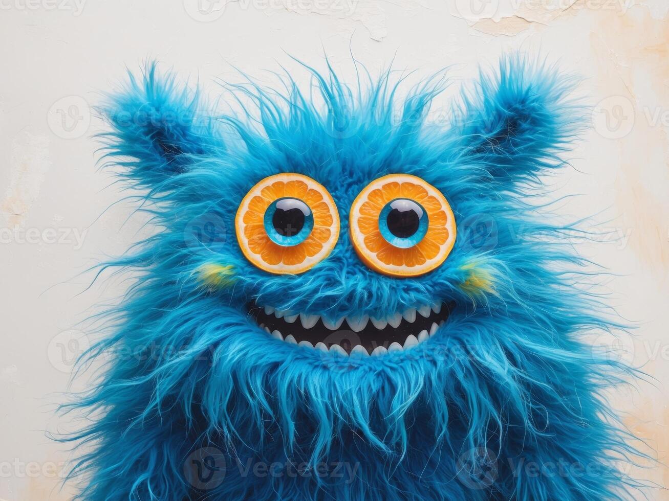 Funny Blue Monster with Orange Eyes and a Big Smile on a Textured Background. photo