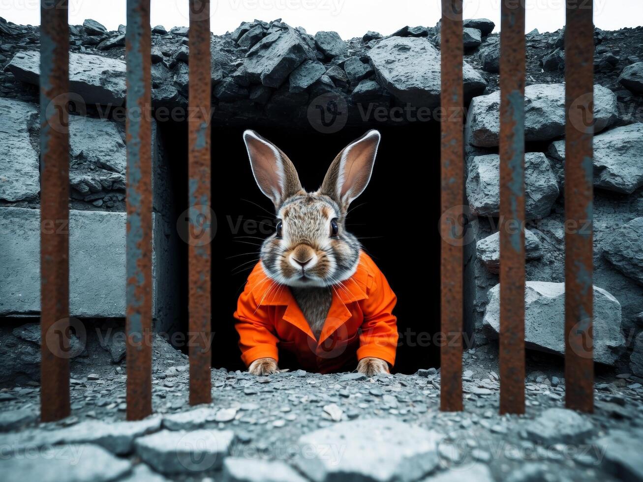 Bunny Bandit. A Captivating Portrait of a Rabbit Behind Bars in Orange Jumpsuit. photo