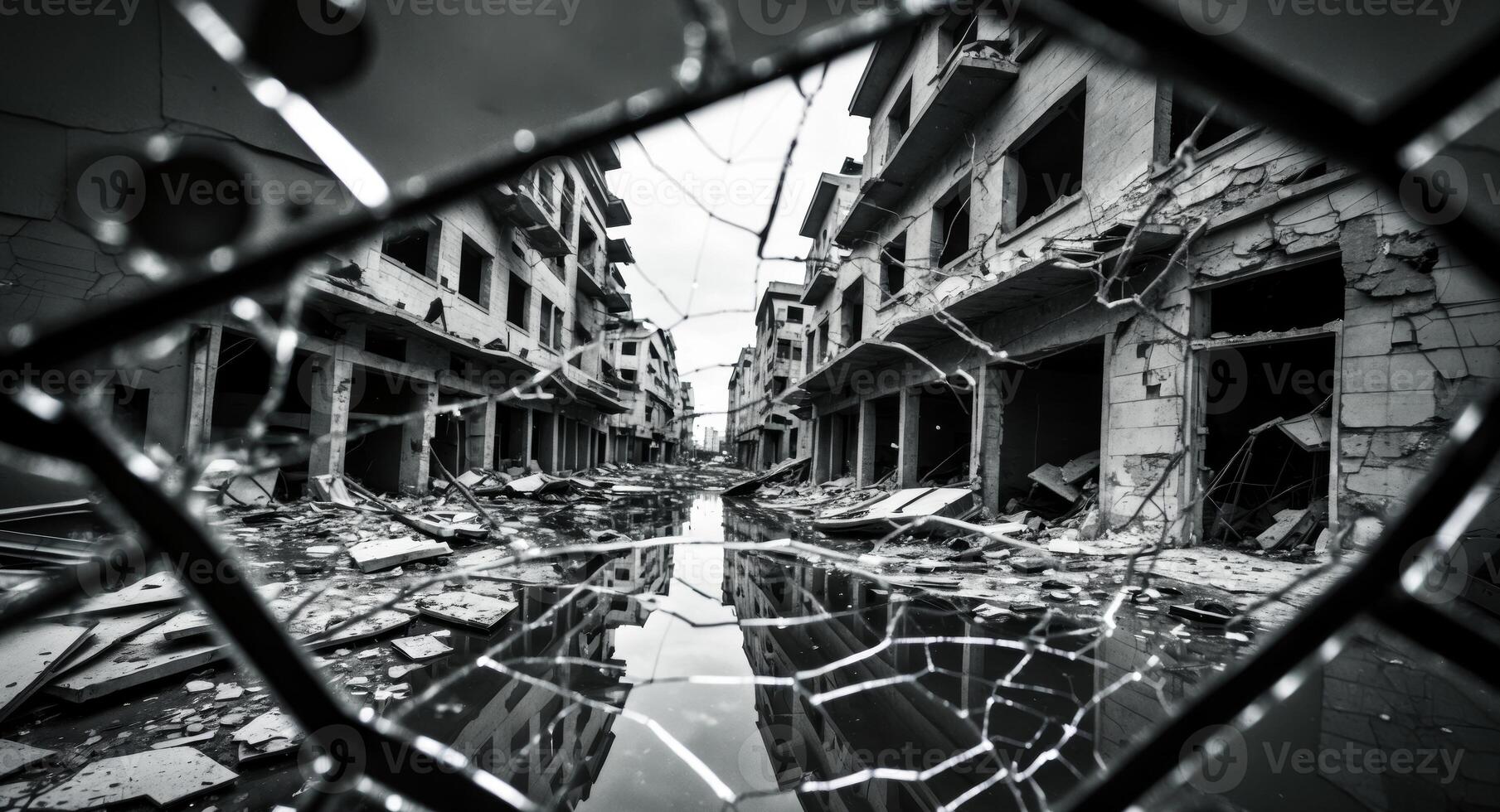 A broken window in a destroyed building photo