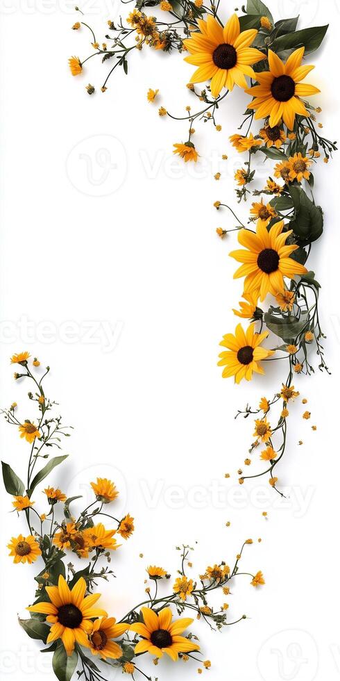 Sunflower frame with leaves and flowers on white background photo