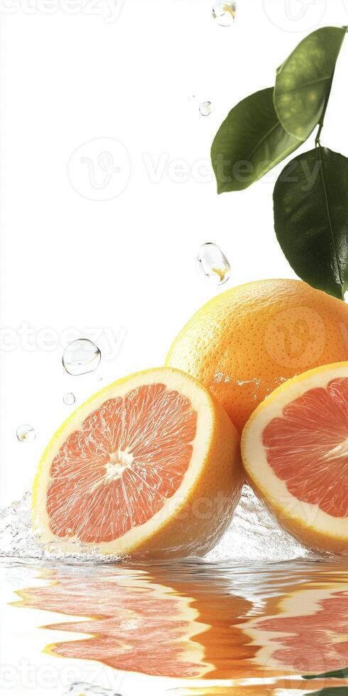 A grapefruit is cut in half and splashed in water photo