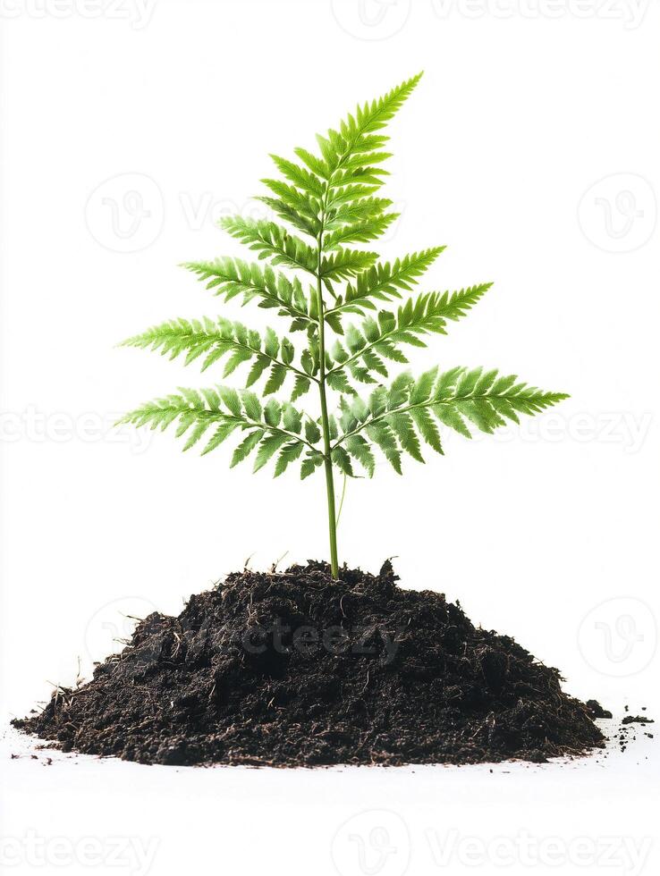 Green fern plant growing in soil isolated on white background photo
