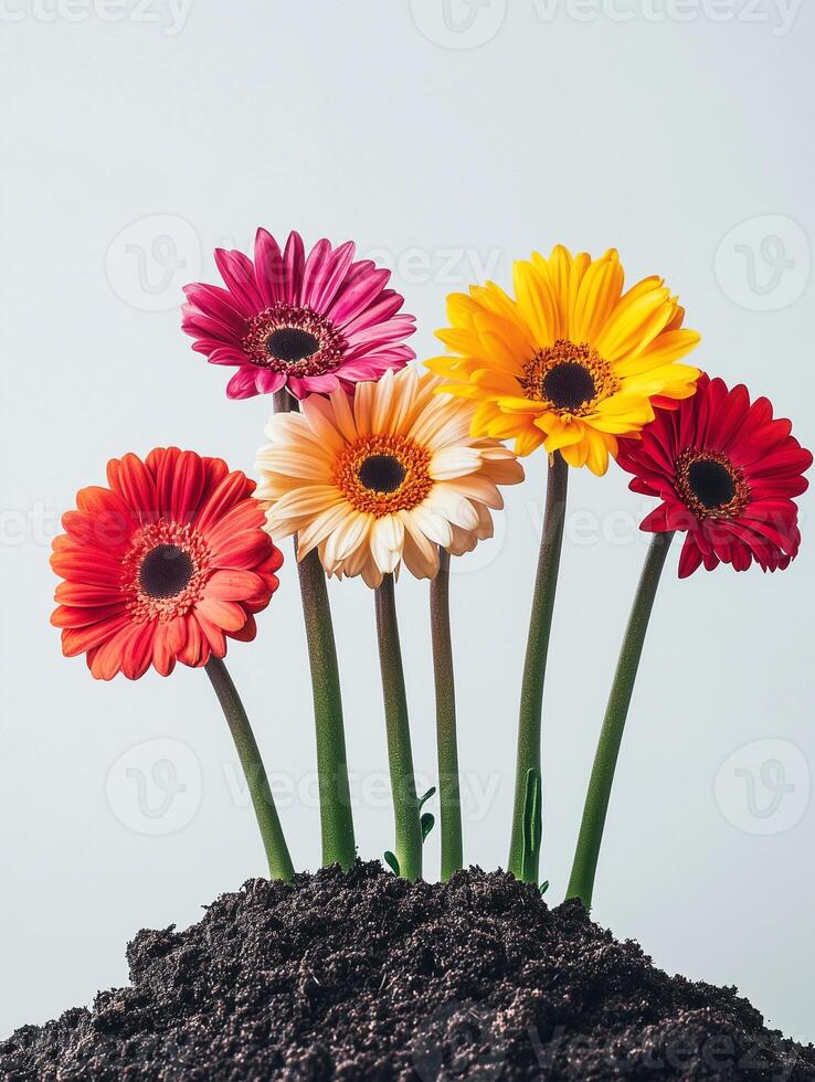 A group of colorful flowers are sitting in the dirt photo