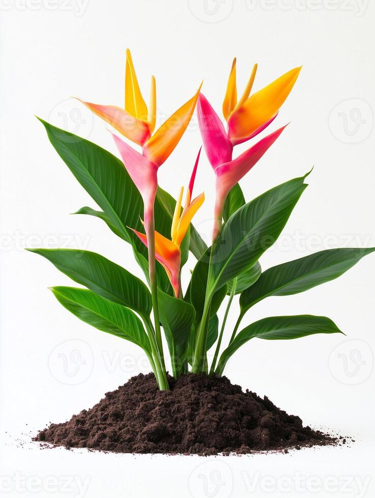 Bird of paradise flower in soil on white background photo