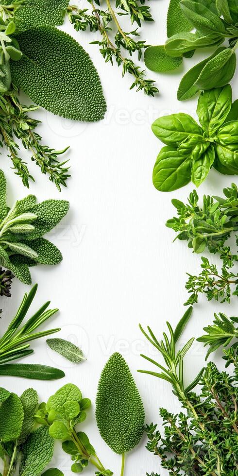 Fresh herbs arranged in a circle on a white background photo