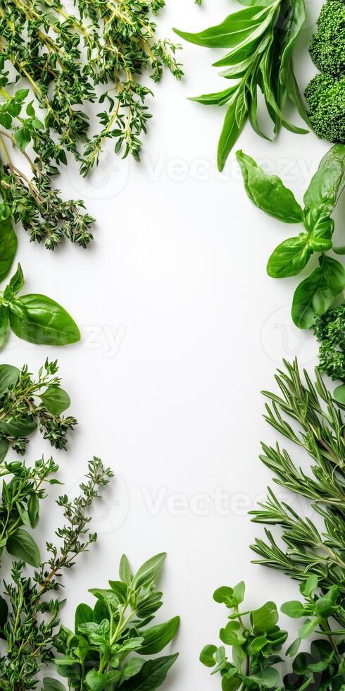 Fresh herbs and vegetables arranged in a circle on a white background photo
