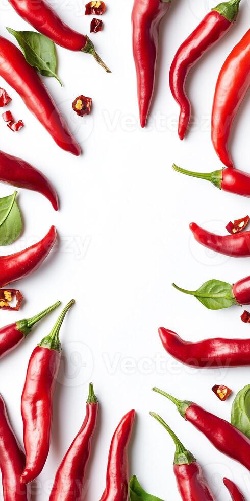 Red hot peppers on white background with copy space photo