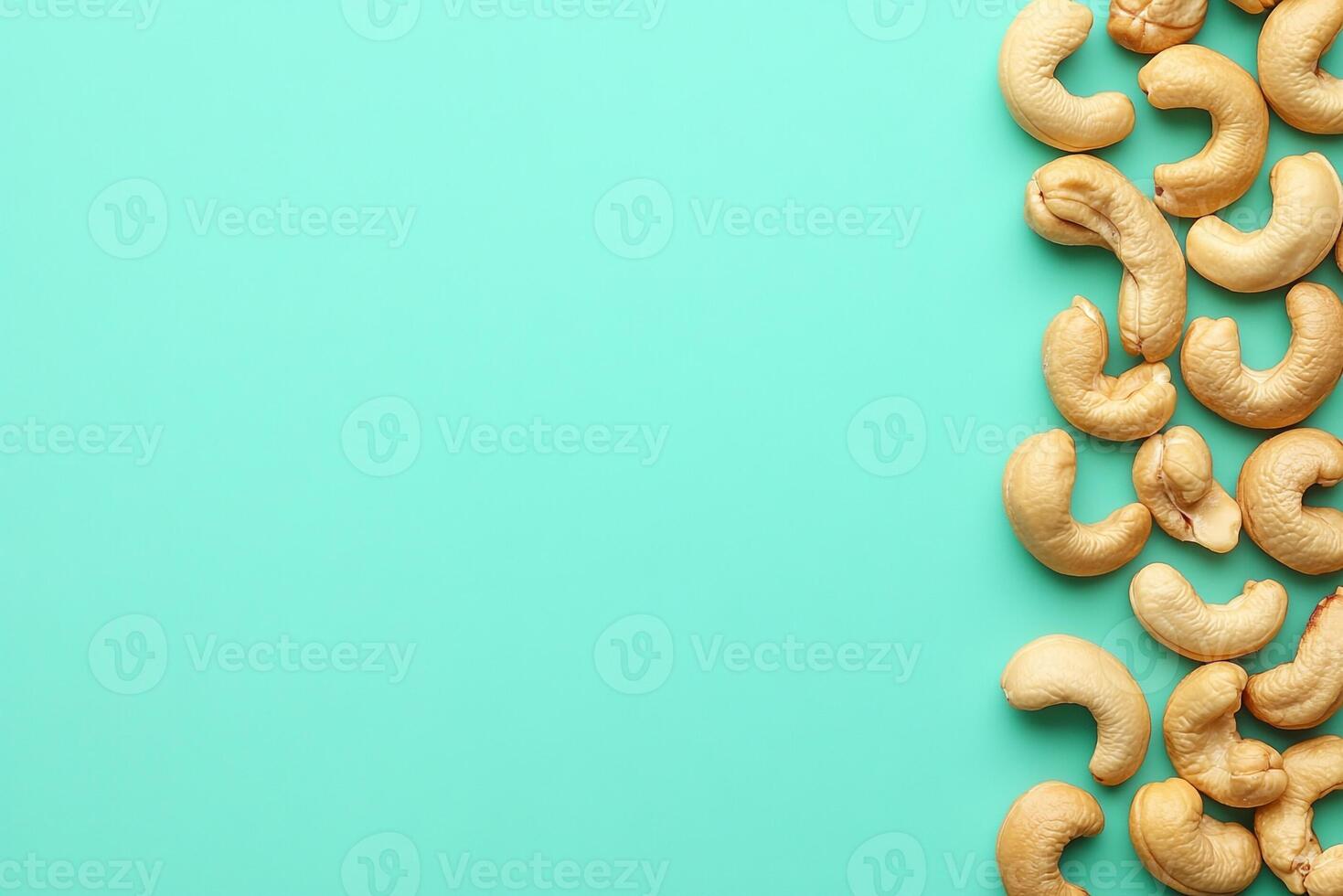 Top View Of Roasted Cashews On Vibrant Background With Copy Space, Food Setting photo