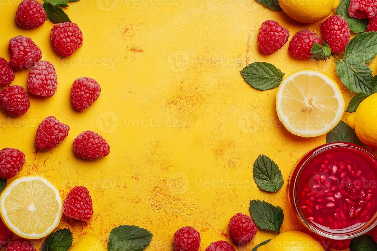 Top View Of Raspberry Iced Tea With Lemon On Vibrant Background With Copy Space, Food Image photo
