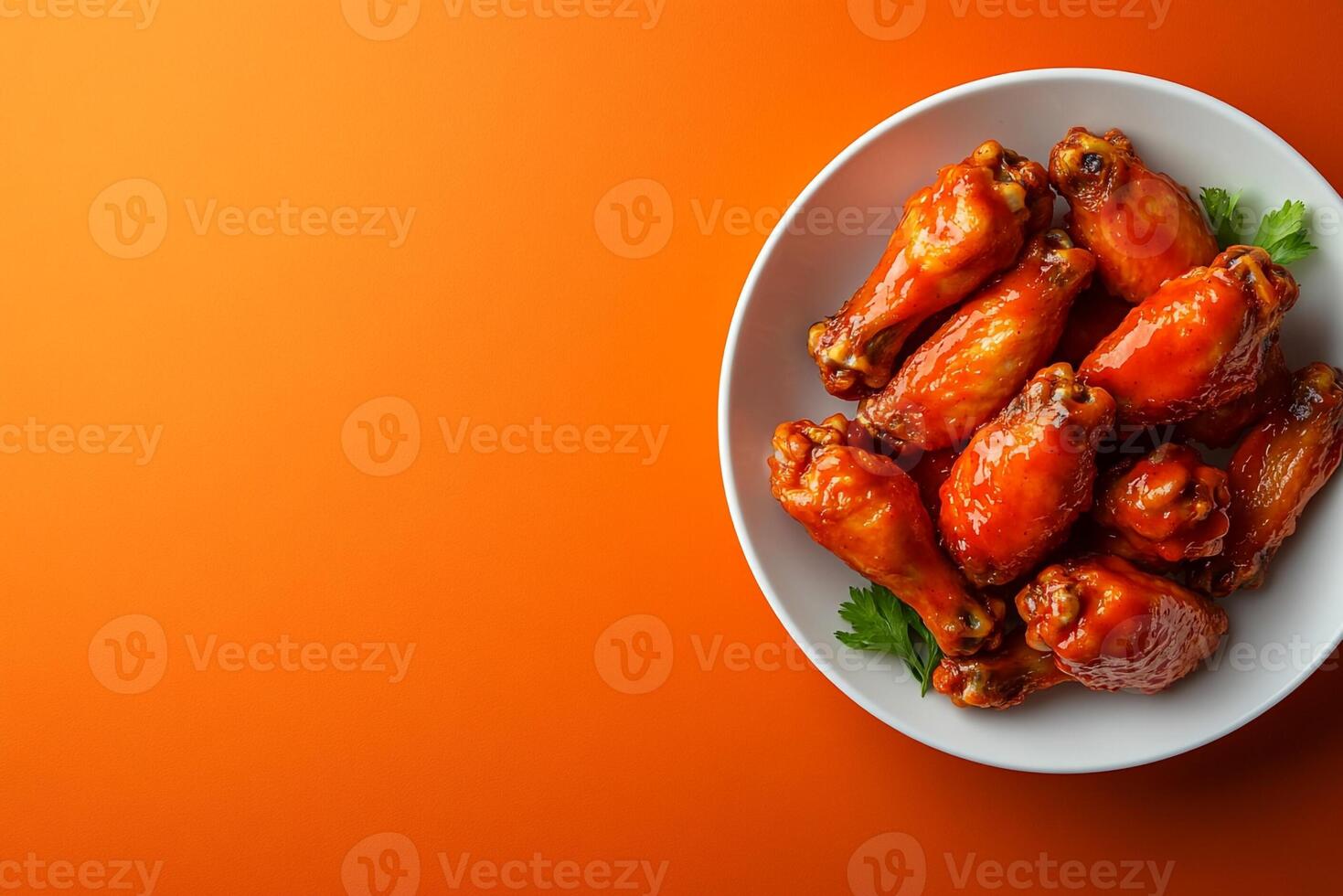 Top View Of Six-Piece Chicken Nuggets With Bbq Sauce On Vibrant Background With Copy Space, Food Image photo