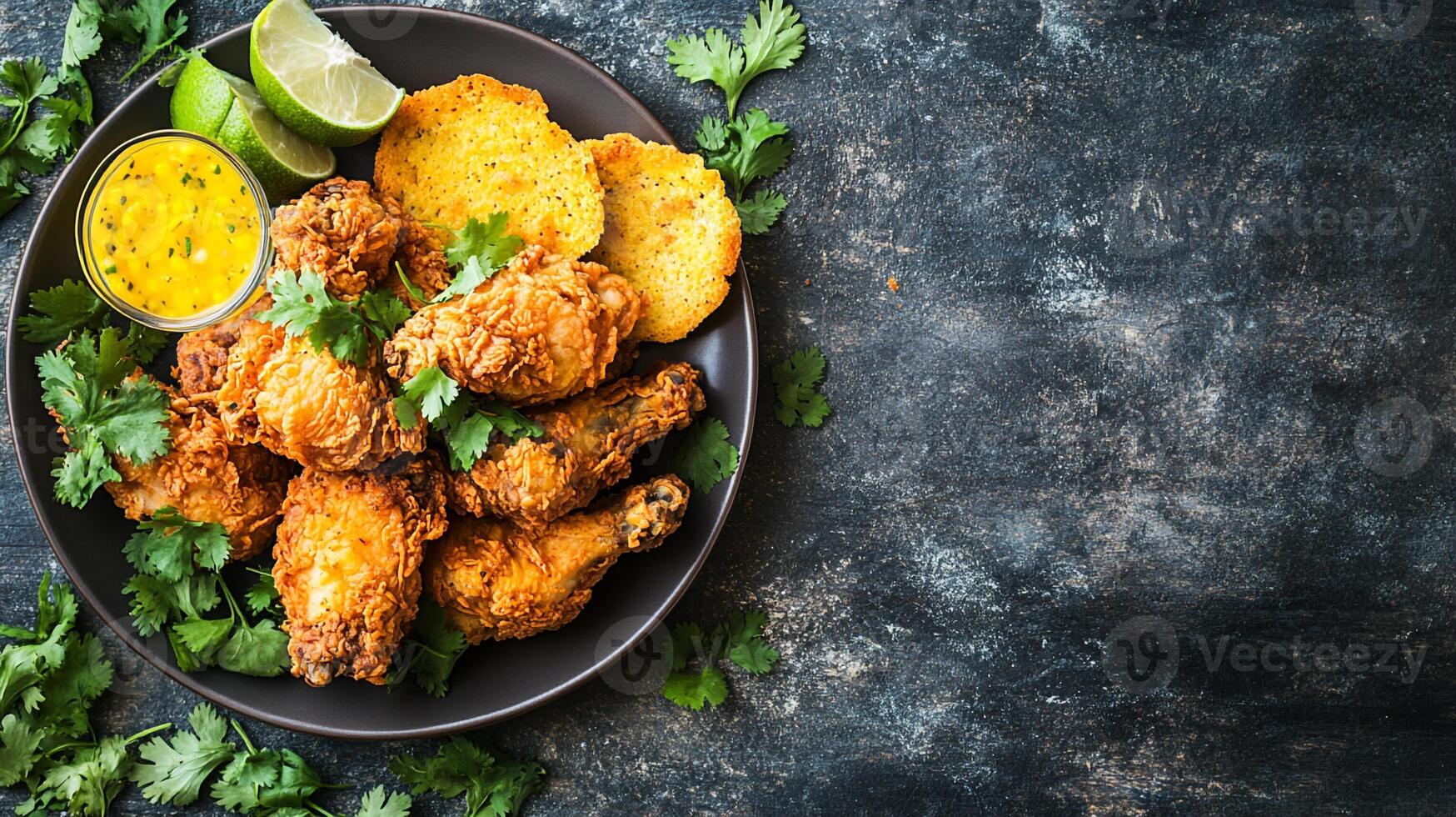 Top View Southern Fried Chicken With Cornbread, Cuisine Photography photo