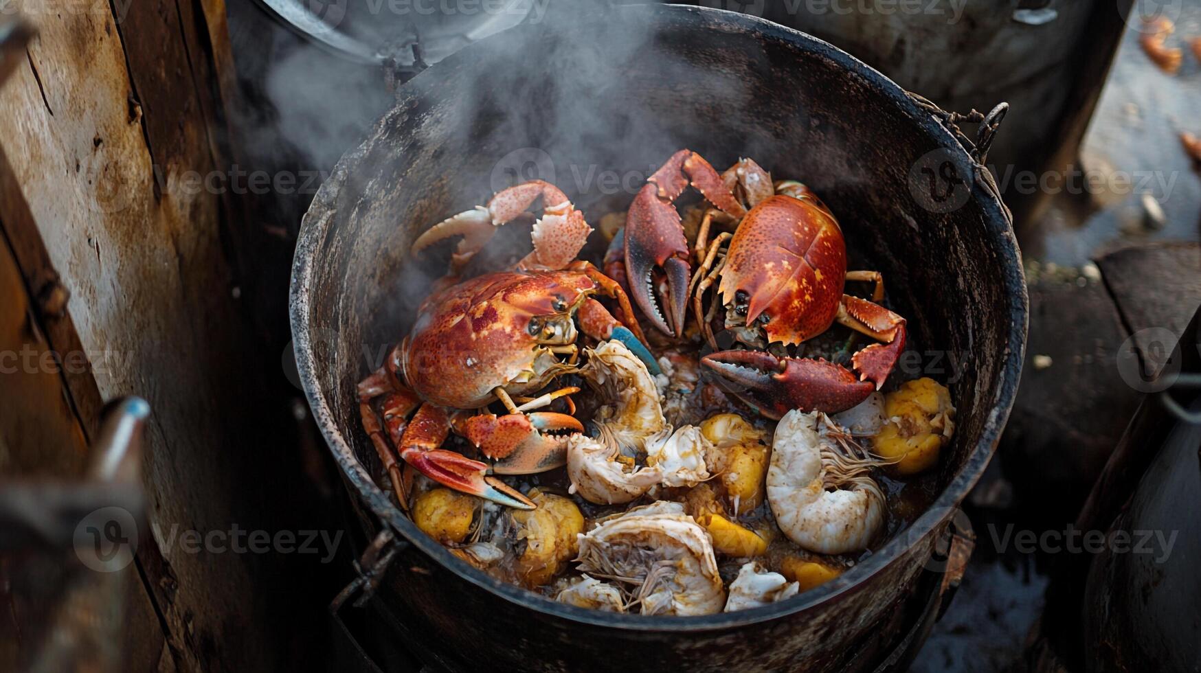 Top View Large Seafood Boil, Food Photography photo