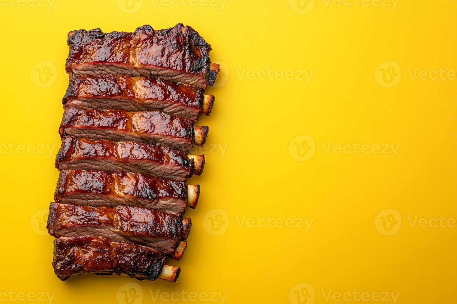 Top View Of Full Rack Of Bbq Ribs On Vibrant Background With Copy Space, Cuisine Photography photo