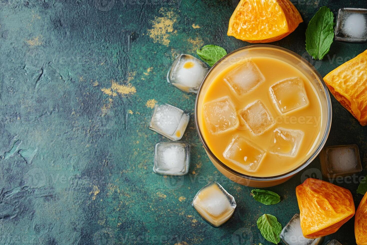 Top View Of Iced Coffee With Cream On Vibrant Background With Copy Space, Cuisine Photography photo