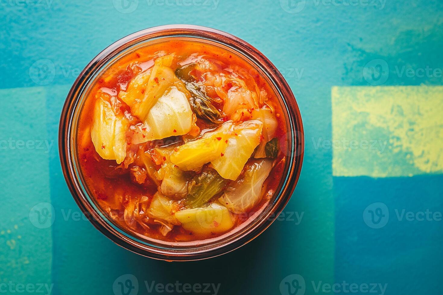 Top View Of House-Made Kimchi On Vibrant Background With Copy Space, Cuisine Photography photo